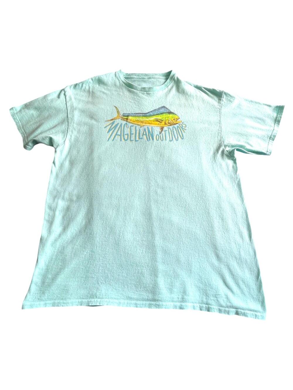 Magellan Outdoors Mahi Mahi Fish Graphic T-Shirt Aqua Fishing Tee EUC CLEAN!